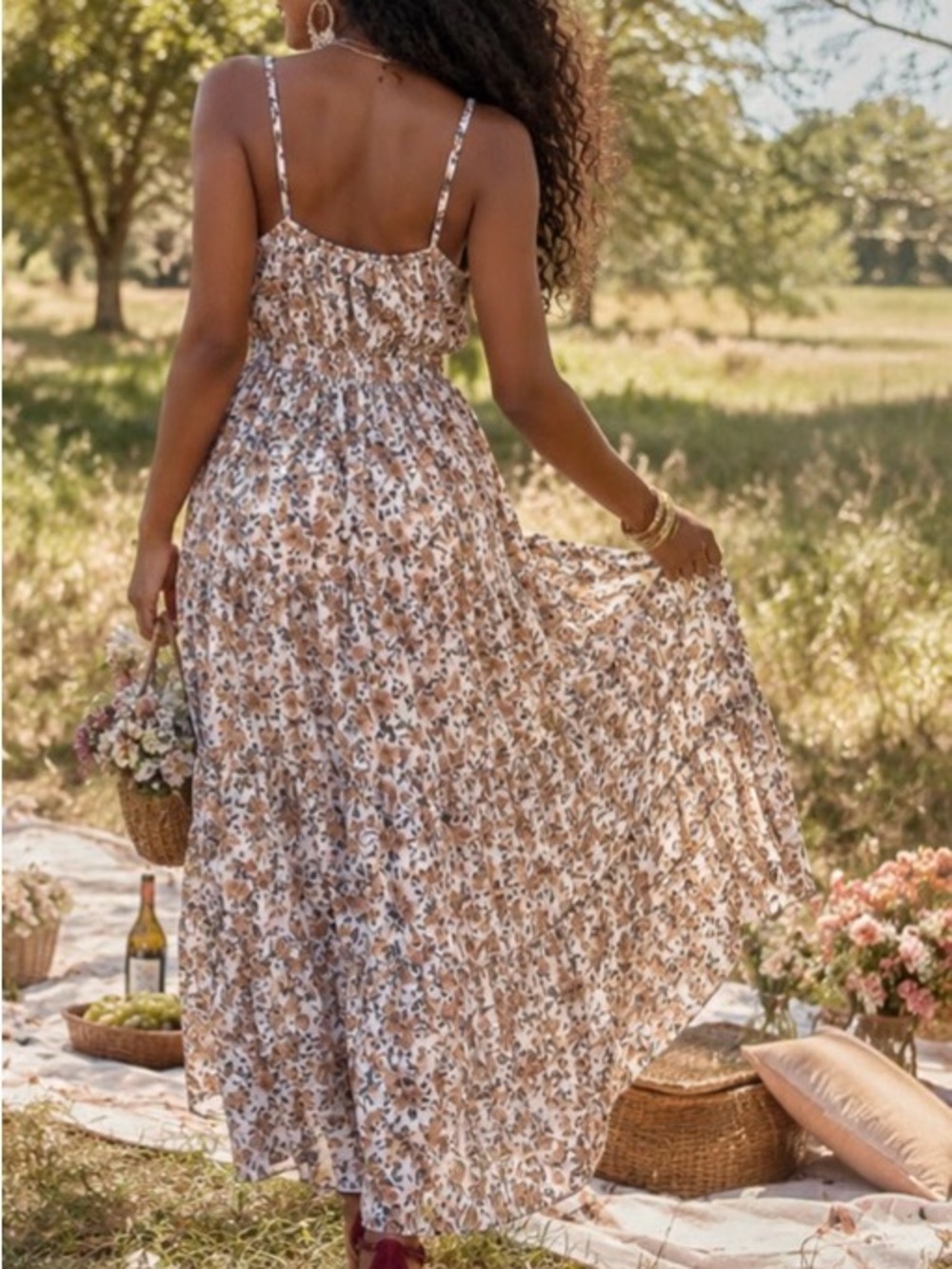 Sunlit Floral Tiered Maxi Dress in White and Tan - Picture 4 of 13